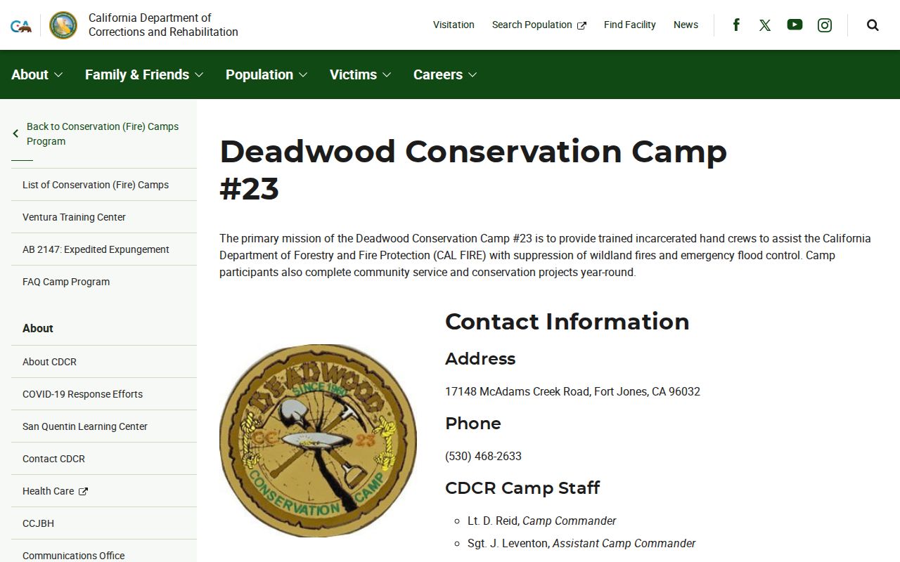 Deadwood Conservation Camp #23 CDCR release search source