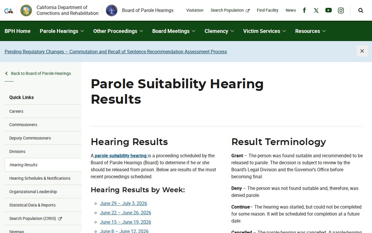 CDCR BPH parole-suitability hearing results page