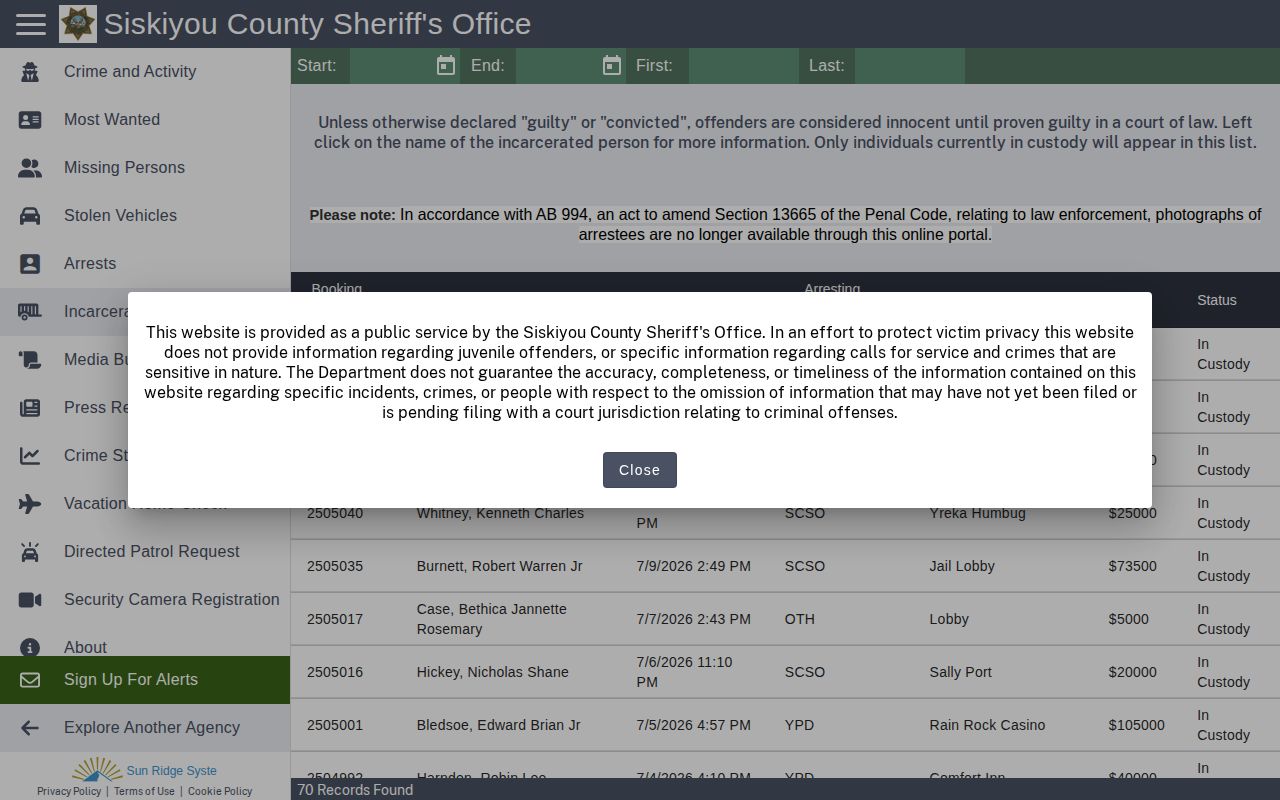 Siskiyou County 24 hour release check using current-custody RIMS