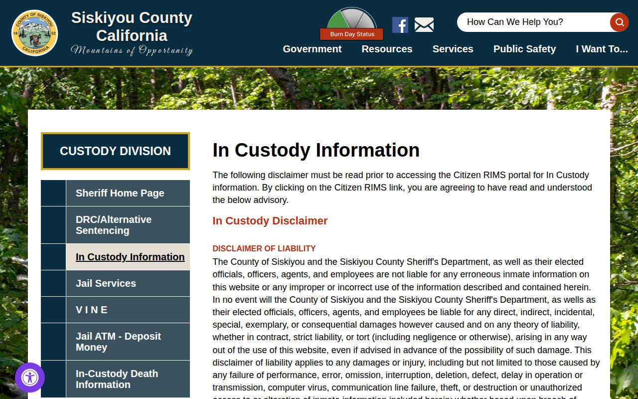 Siskiyou County current custody disclaimer for released inmates