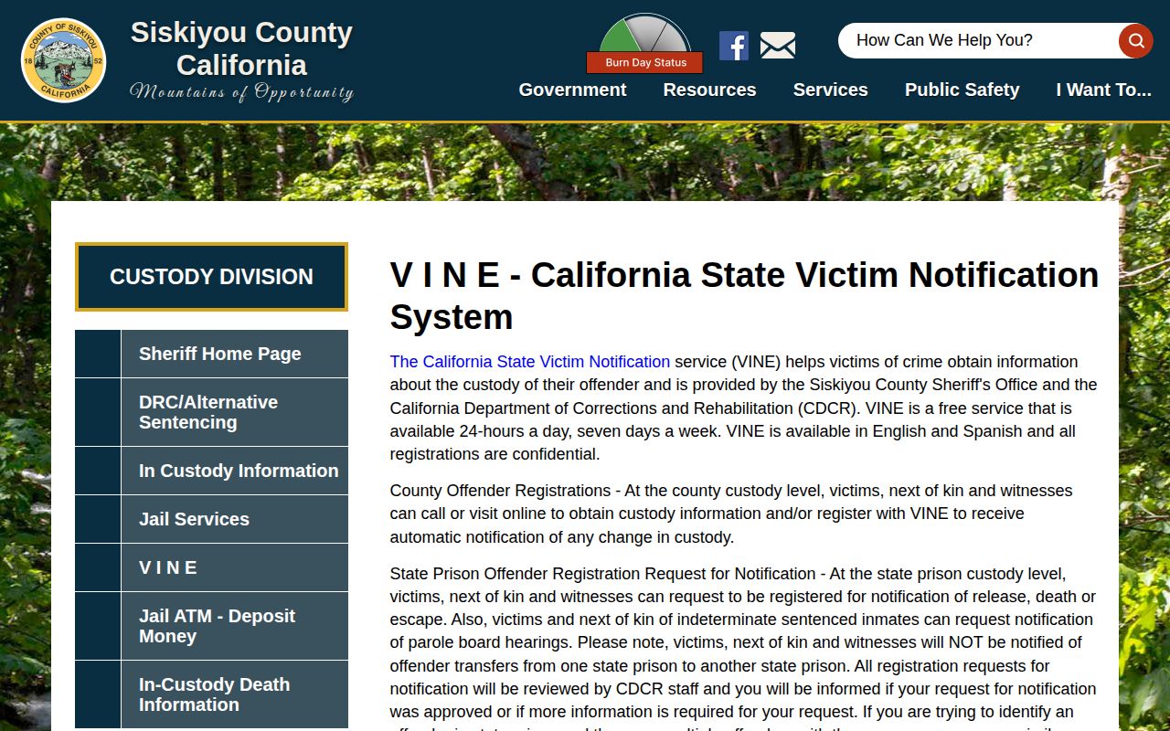 Siskiyou County VINE information page
